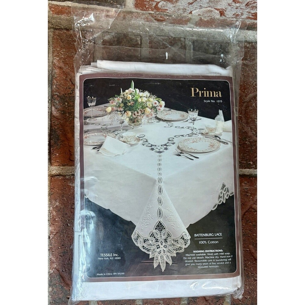 Battenburg Lace Tablecloth Oblong White 100% Cotton 66" x 102" & 12 Napkins